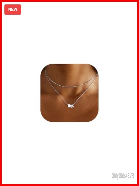 Jewelry - Layered Initial Necklace, 14K Gold Plated Choker, Personalized Heart Pendant